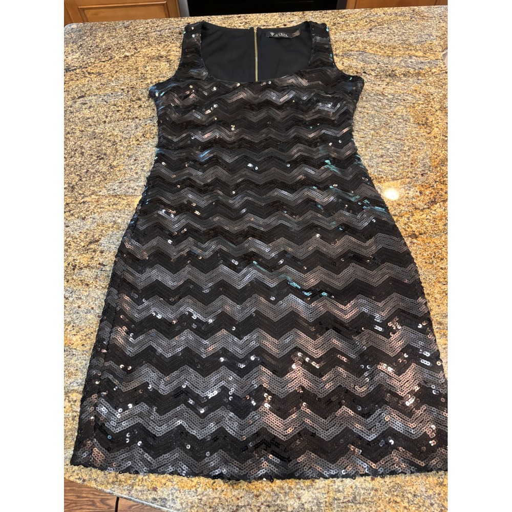 Guess Los Angeles Black Sequin Chevron Zig Zag Bodycon Knee Length Dress‎ 6